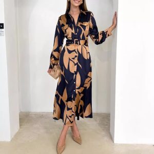 Women's Printed Waist-controlled Long-sleeved Dress