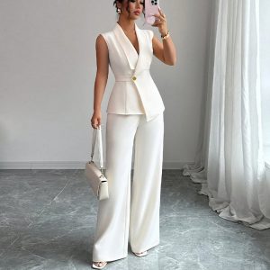 Solid Color Vest Straight-leg Trousers Suit For Women