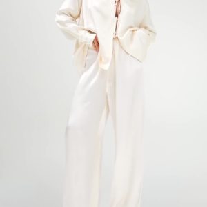Cream Satin Tie-Front Top And Wide-Leg Pants Set