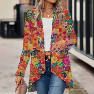 Women's Digital Printed Cardigan Long Sleeve Suit Coat