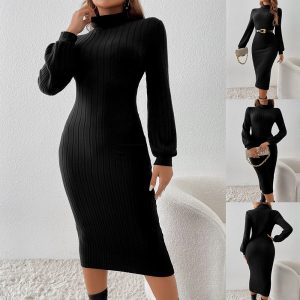 Women's Casual Fashion Solid Color Rib Fabric Turtleneck Long Sleeve Dress