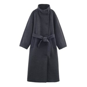 Women's Stand Collar Belt Overcoat Coat