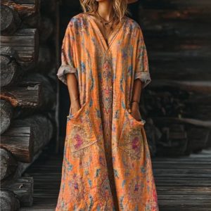 Women's Vintage Floral Art Pattern Print Pocket V-neck Pocket Dress