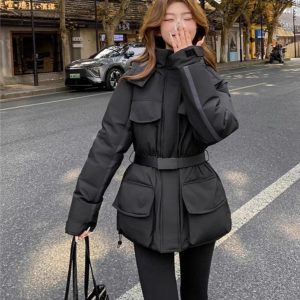 Waist-tight Slimming Hooded Women's Thick Mid-length Cotton-padded Coat