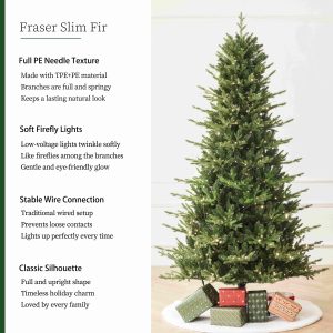 Fraser Slim Fir 7.5ft Christmas Tree Pre-Lit Artificial With 3,429 Branch Tips & 792 Low-Voltage Warm LED Lights, Foldable Stand & Realistic Flame-Resistant Branches