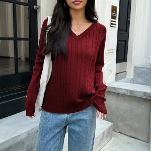 Women's V-neck Woolen Long-sleeved Sweater