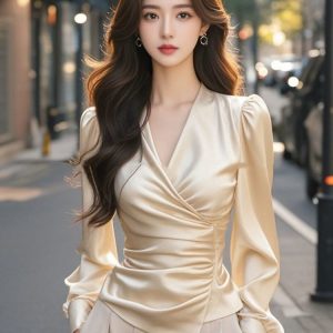 Design Satin Long Sleeve Underwear Blouse Women's V-neck Top