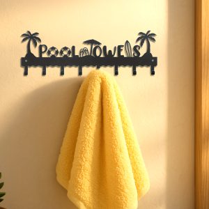 Beach-Themed Wall-Mounted Metal Towel Rack With 8 Hooks Perfect For Pool Towels