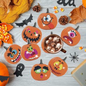 8 Pcs Halloween Pumpkin Diamond Art Coasters With Holder Cartoon Pumpkin Diamond Painting Coasters Autumn DIY Painting Kit Orange Crafts For Thanksgiving Gift