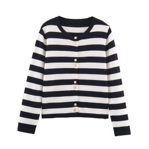 Black And White Striped Knitted Cardigan For Women