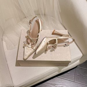 High Heel Shoes Back Empty Thick Heel Bowknot Sandals