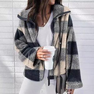 Plush Plaid Coat Plus Size Women's Clothing