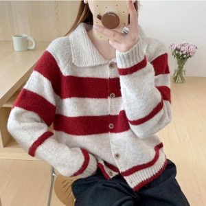 Women's Retro Contrast Color Striped Lapel Sweater Cardigan Coat