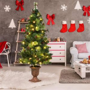 5ft Pre-Lit Artificial Christmas Tree - 100 Clear LED Lights 260 Tips PVC Red Berries Pine Cones UL Adapter