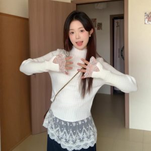 Fake Two Pieces Lace Sweater Women