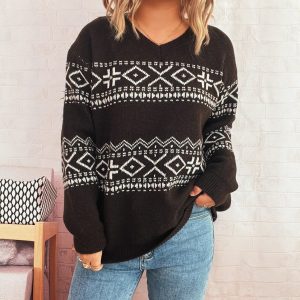 Vintage Pattern Jacquard V-neck Long Sleeve Knitted Women's Sweater