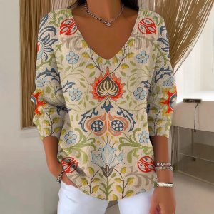 V-neck Long-sleeved Sweater Autumn And Winter 3D Printing Fashion Women's Wear