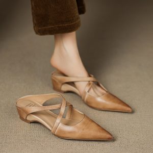 Vintage First Layer Washed Cowhide Pointed-toe Mules Shoes Outer Wear