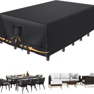 Patio Furniture Covers, Outdoor Furniture Table Covers Water-repellent Rectangle, Heavy Duty Tear-Resistant Patio Table And Chair Set Cover With Upgraded Fastener Windproof Buckle Straps