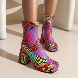 Square Toe Short Tube Women's Boots Printed Fabric