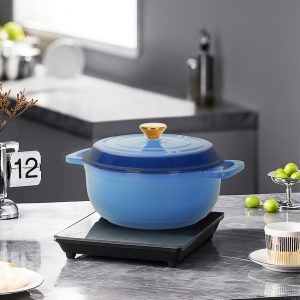 Cast Iron 6QT Cooking Pot - Gradient Blue - Includes Two Silicone Gloves - Enamel Pot