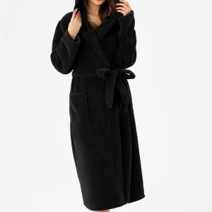 RONGTAI Womens Hooded Robe Long Plush Fleece Bathrobe With Pockets Nightwear S-XXL