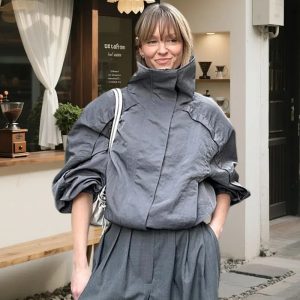 Turtleneck Fashion Gray With Pocket Loose Outdoor Jacket Coat