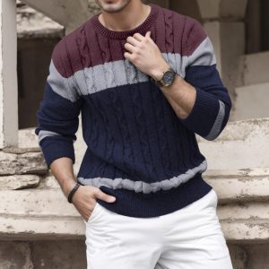 Men's Color-block Crew Neck Sweater European And American Pullover Multicolor