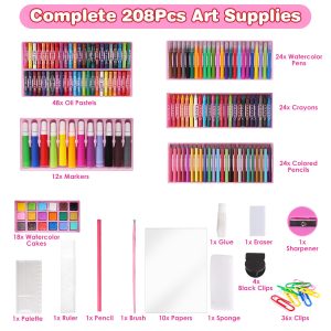 208Pcs Drawing Art Kit Art Supplies For 3 To 12Years Old Girls Boys Art Storage Box With Double Sided Trifold Easel Oil Pastels Crayons Colored Pencils Watercolors Pens Markers Gift For Kids