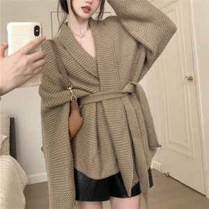 Waist-controlled Long Sleeves Mid-length Sweater Coat