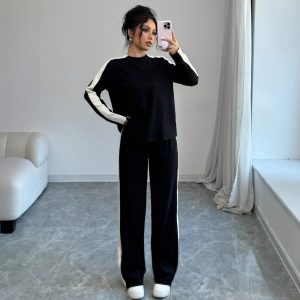 Trousers Suit European And American Autumn And Winter Women Color Contrast Patchwork Fashion Two-piece Suit