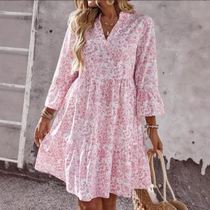 Loose V-neck Ruffle Floral Dress For Women