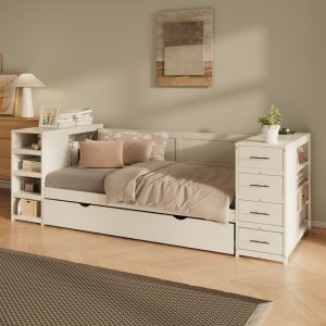 White Wooden Twin Size Daybed With Trundle And Side Shelves, Drawers, Storage Bed With Multi-Functional Desk And Charging Station For Bedroom, Guest Room