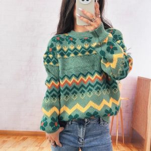 Vintage Jacquard Knitted Round Neck Long Sleeve Women's Sweater
