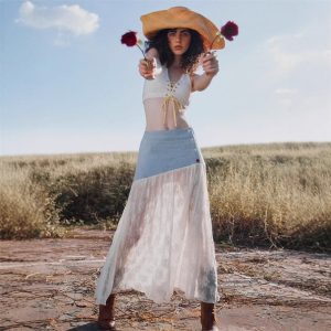 French Style Gentle Low Waist Breasted Denim Stitching Lace A- Line Dress