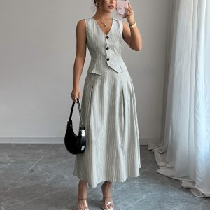 Vest Skirt Two-piece Set Striped Dress Suit For Women