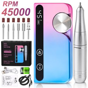 Professional Electric Nail Drill, 45000 RPM Cordless E-File Machine, With 12 Bits, Sanding Bands, LCD Display Electric Nail File For Acrylic Gel Nails