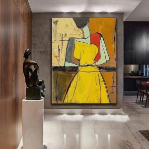 Hand-painted People Oil Painting On Canvas Abstract Large Yellow Texture Vintage Wall Art Wabi Sabi Painting Bedroom Large Wall Decor Gift Painting