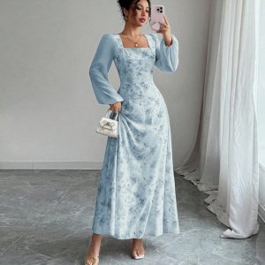 Women's Chiffon Floral Long-sleeved Dress