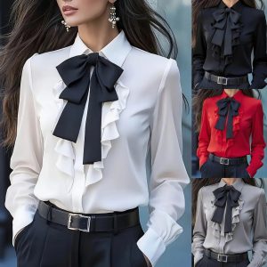 Pure Color Tied Bow Ruffled Design Shirt For Women