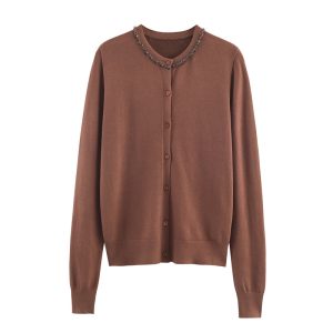 New Lightly Mature Round Neck Long Sleeve Jewelry Cardigan Top