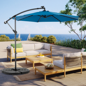 10ft Solar LED Offset Hanging Market Patio Umbrella  Dark Blue  No Base