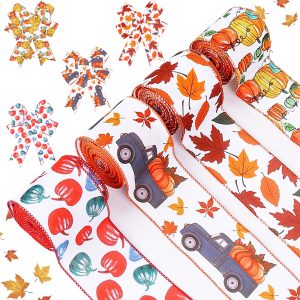 4Rolls 20Yards Thanksgiving Ribbons Autumn Wired Edge Ribbon Fall Themed Decorative Ribbon Pumpkin Maple Leaf Truck Grosgrain Ribbon For Thanksgiving Autumn Fall Party DIY Crafting Supplies