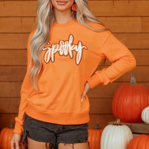 Grapefruit Orange Spooky Graphic Halloween Crew Neck Holiday Sweatshirt