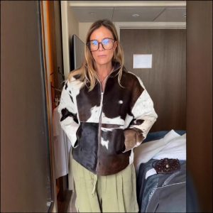 New Cow Pattern Pocket Zipper And Lapel Women's Jacket Coat