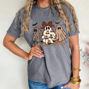 Gray Cute Halloween Ghost Printed Womens Casual Tee