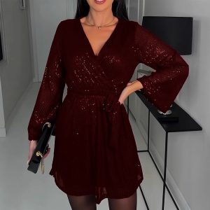 New V-neck Sequin Sequined Long Sleeve Dress