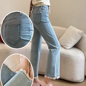 Jeans For Women, With Elastic Lace Lace And Lace Stitching, Micro Flared Jeans For Women In 2025, Small And Stylish Design, Light Blue Jeans For Women, Cropped Jeans For Women, Casual Pants For Women,