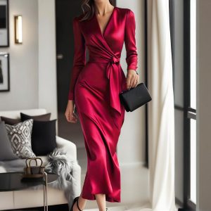 Women's Slim Fit V-Neck Sexy High-Waist Tie Long Dress