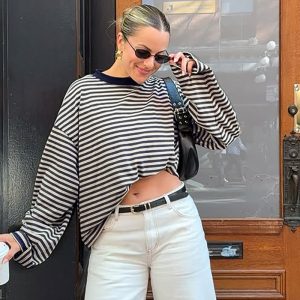 Fashion Striped Loose Contrast Color Round Neck Long Sleeve T-shirt
